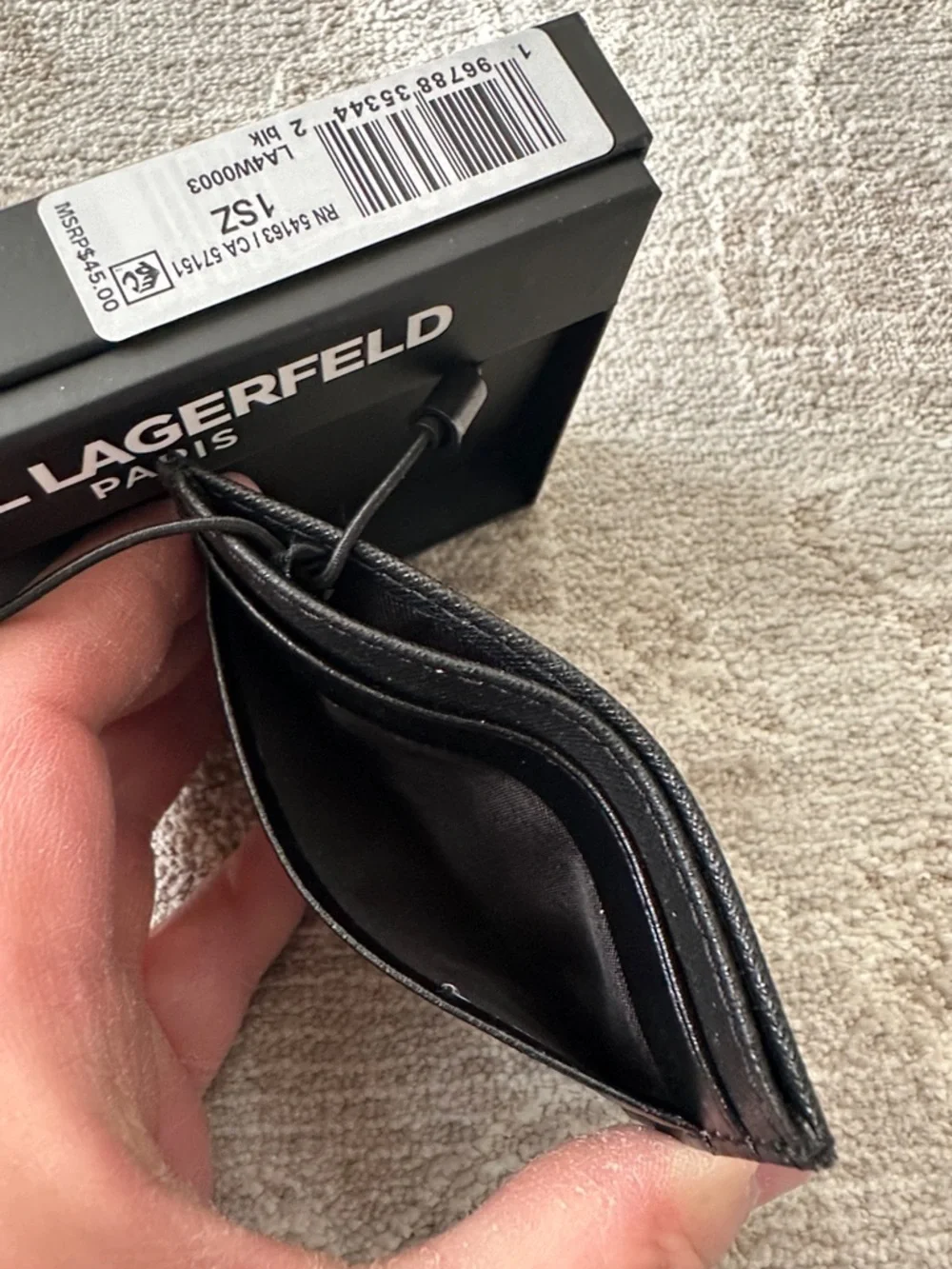 Karl Lagerfeld Black Leather Card Holder with Character Patch. NWT’s.